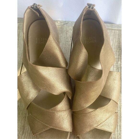EILEEN FISHER Bella Gold Metallic Leather Suede Platform Wedge Sandal Wm’s Sz 10 - Picture 7 of 10
